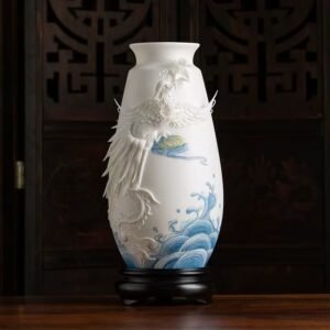 Dehua white porcelain ornaments, mutton-fat jade porcelain vase-Line-carved vase