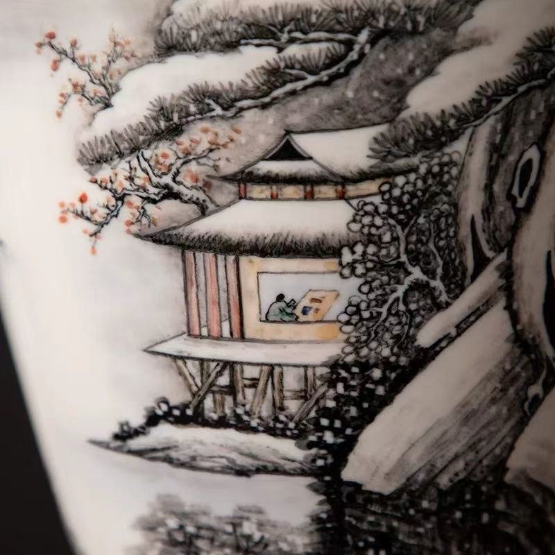 Hand-painted Snow Scene Waist Drum Vase - Image 4